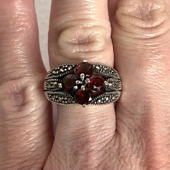 Sterling Silver 925 Multi Gemstone Garnet & Marcasite Floral Band Ring Sz 6.25 - Picture 1 of 16